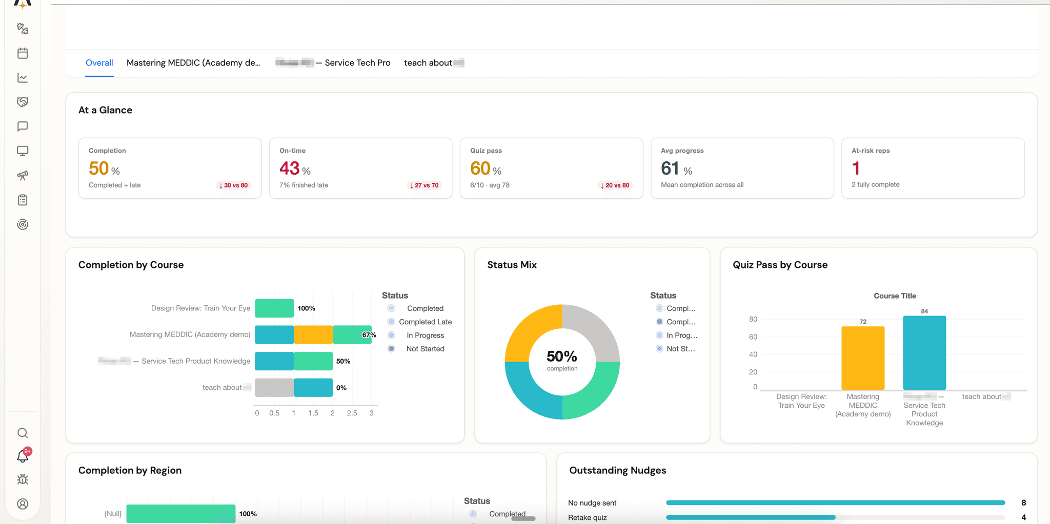 The final dashboard: an "At a Glance" KPI band with live target deltas, plus branded completion, status, and quiz charts