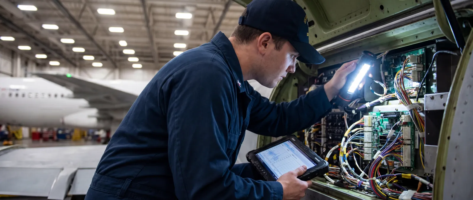 Aerospace technician performing maintenance inspection